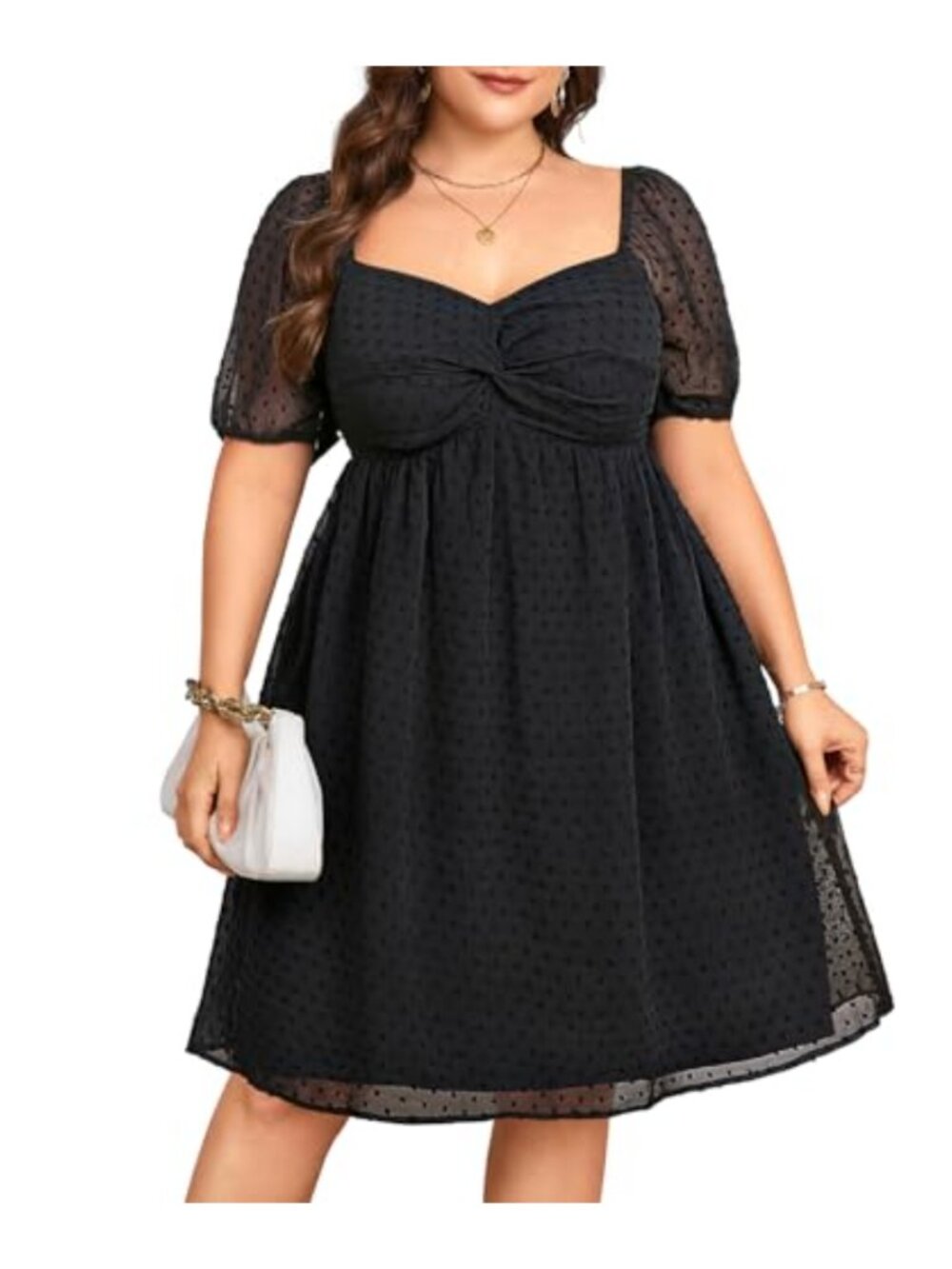 Plus Size Swiss Dot Chiffon Sundress Sweetheart Neck Puff Sleeve